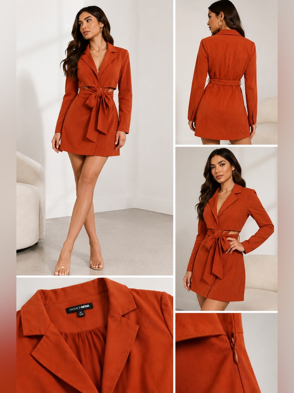 Fashion Nova Rust Tie Front Blazer Mini Dress Size M Preowned
